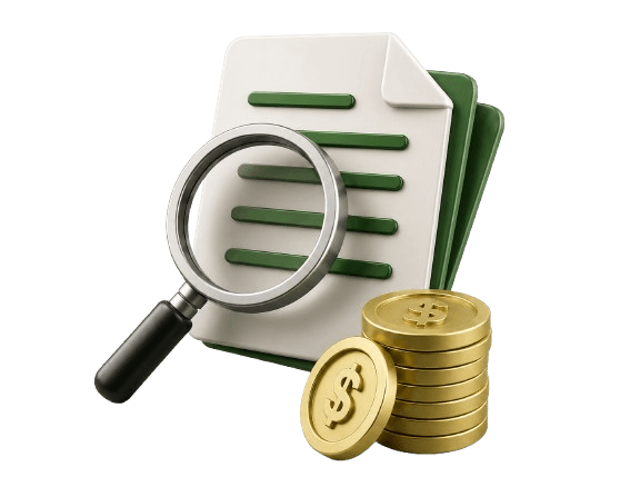 Ilustração 3D de lupa sobre documentos